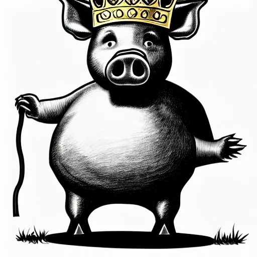 Image similar to standing pig wearing a gold crown on it's head black and white illustration concept art in the style of Arthur Adams, full body 8k