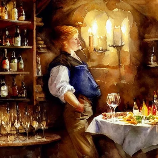 Prompt: hot blonde in a wine cellar, food, pork, beer, schnapps, rustic, traditional, torches on the wall, watercolor by vladimir volegov, highly detailed, masterpiece