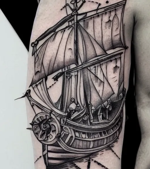 Image similar to White background tattoo design of a magical pirate ship, realism tattoo design, highly detailed tattoo, shaded tattoo, hyper realistic tattoo