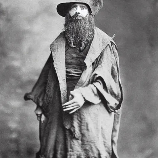 Prompt: hermit alchemist wearing scary clothing, 1900s photograph