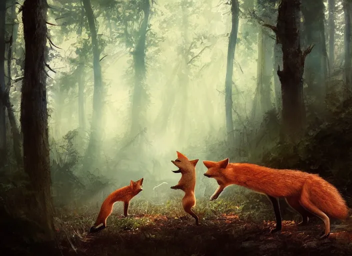Image similar to foxes playing in the woods, digital painting, highly detailed, artstation, sharp focus, illustration, concept art, ruan jia, steve mccurry, amazing composition