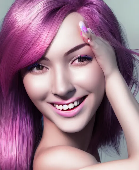 Image similar to ultra realistic portrait of a hot woman, colorful hair, pink lips, gorgeous smile, stunning, hottest, 8K resolution, 3D, Octan render,