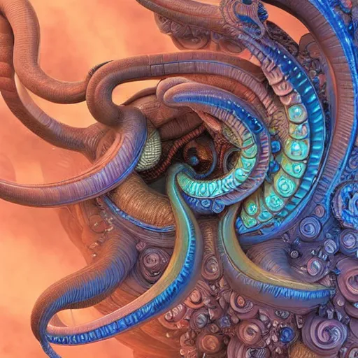 Prompt: cybernetic symbiosis intricately detailed hand carved 3D mandelbulb cybernetic cyber squid made of brilliantly colored volumetric smoke, Henriette Grindat, Artstation, Pinterest, Wallpaper 4K