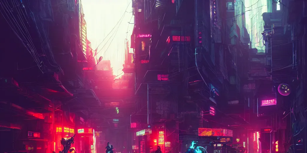 Image similar to cyberpunk streets of manila, detailed intricate illustration, dark atmosphere, detailed illustration, hd, 4 k, digital art, overdetailed art, by greg rutkowski, by loish, complementing colors, trending on artstation, deviantart