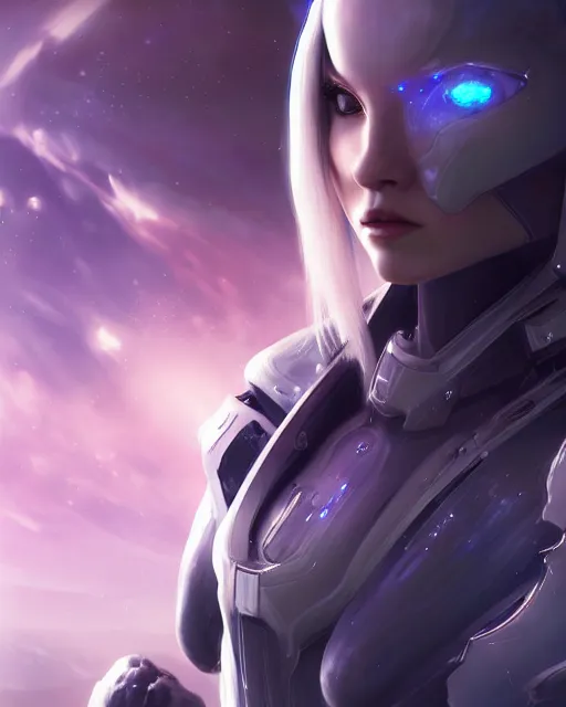 Image similar to perfect android girl on a mothership, warframe armor, beautiful face, scifi, futuristic, galaxy, nebula, raytracing, dreamy, long white hair, blue cyborg eyes, sharp focus, cinematic lighting, highly detailed, artstation, divine, by gauthier leblanc, kazuya takahashi, huifeng huang