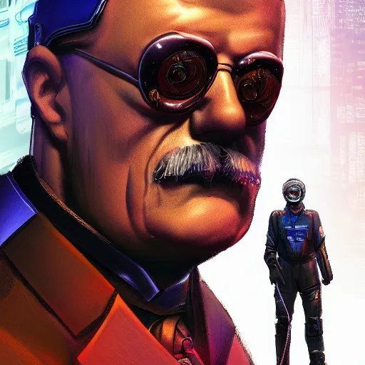 Image similar to cyberpunk theodore roosevelt as the leader of a futuristic communist nation, cybernetics, sharp lines, digital, artstation, colored in