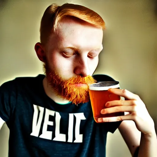 Image similar to “A 20 year old, ginger, tall, polish college student, with a scruffy beard, sitting in his back drinking beer, 8 mm lens photography,”