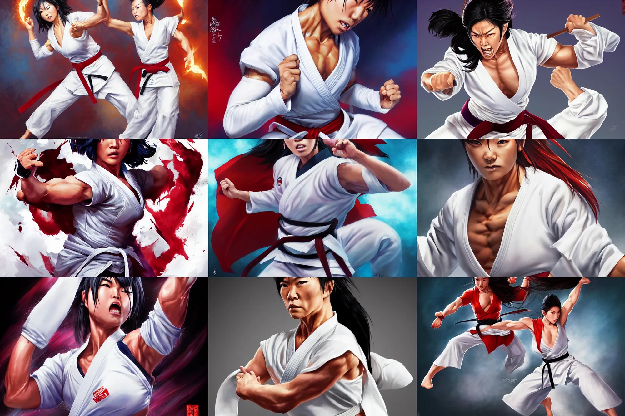 Prompt: cinematic long shot of a muscled japanese female martial artist, wearing white karate gi with the sleeves torn off, furious expression, battle ready, sharp, smooth, beautiful, energetic, vivid colors, studio lighting, digital art by Greg Hildebrandt and Artgerm and Ross Tran, highly detailed