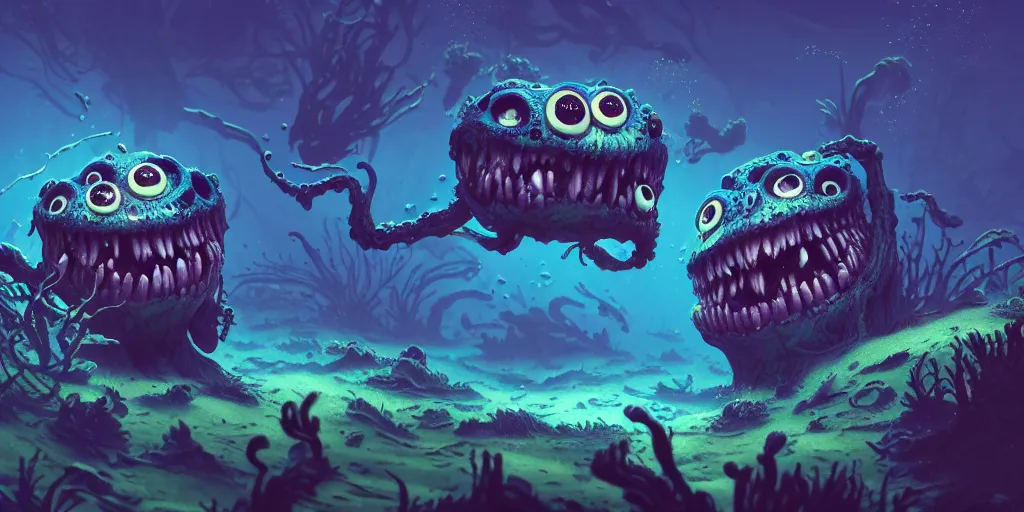 Prompt: of an intricate murky underwater ridge with strange cute friendly laughing creatures with huge eyes, long tongue, square teeth and funny face appearing from the foliage, in the style of dan mumford, macro lens, shallow depth of field, highly detailed, digital painting, trending artstation, concept art, illustration, cinematic lighting, vibrant colors, photorealism, epic, octane render