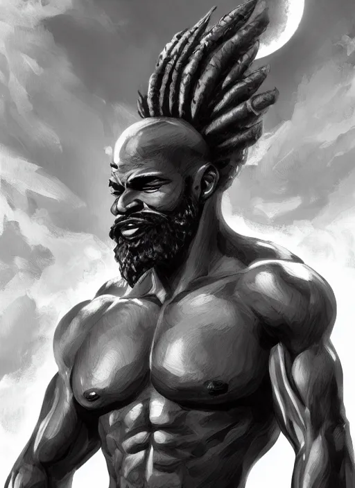 Prompt: a highly detailed illustration of bearded short fade hair african warrior god of lightning, evil summoning lightning from hands pose, moonlit clouds background, muscular, intricate, elegant, highly detailed, centered, digital painting, artstation, concept art, smooth, sharp focus, league of legends concept art, WLOP