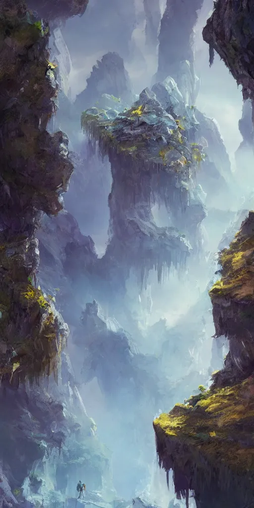 Image similar to Gorge in the mountain, white stone temple ruins, night dramatic lighting, blue, yellow and purple tones, wide camera angle, matte painting, trending on ArtStation, concept art, delightful surroundings, high detail, sharp contrast, picturesque