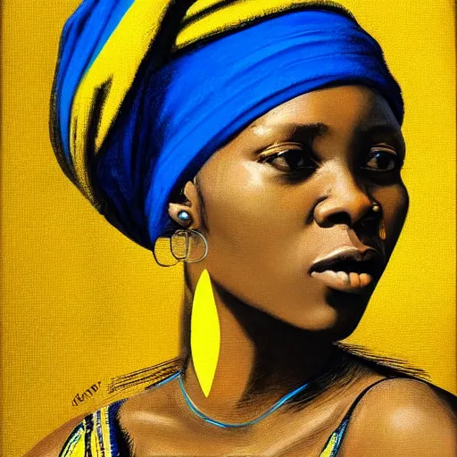 Image similar to portrait of an african woman, girl with the pearl earring, hyper realistic, black background, yellow and blue,