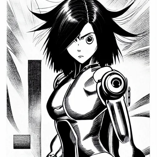 Image similar to alita by yukito kishiro. medium shot. black and white manga. pencil drawing.