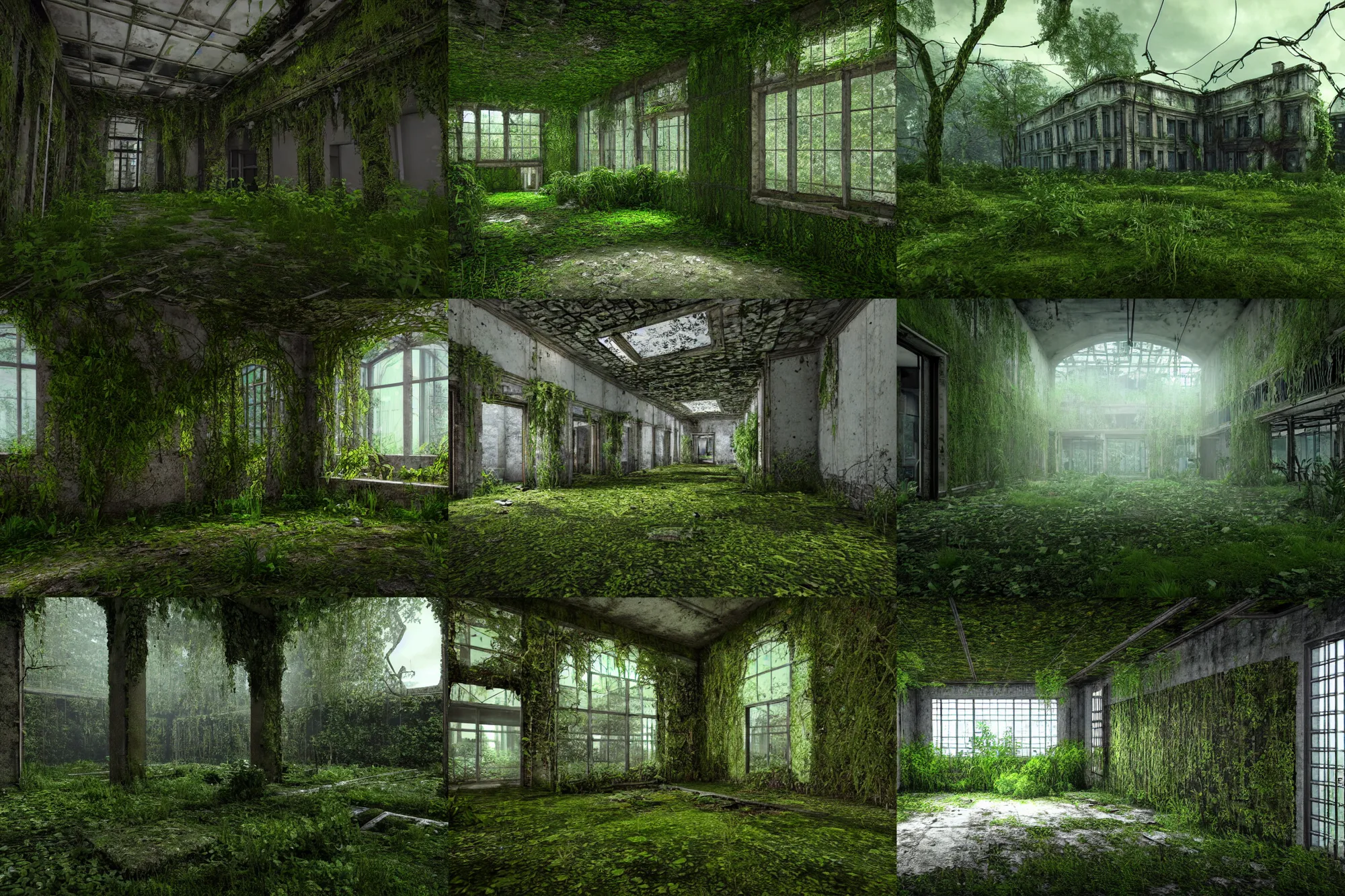 Prompt: abandoned hospital reclaimed by nature, overgrowth, moss, vines, 3 d render, unreal engine, godrays, realistic