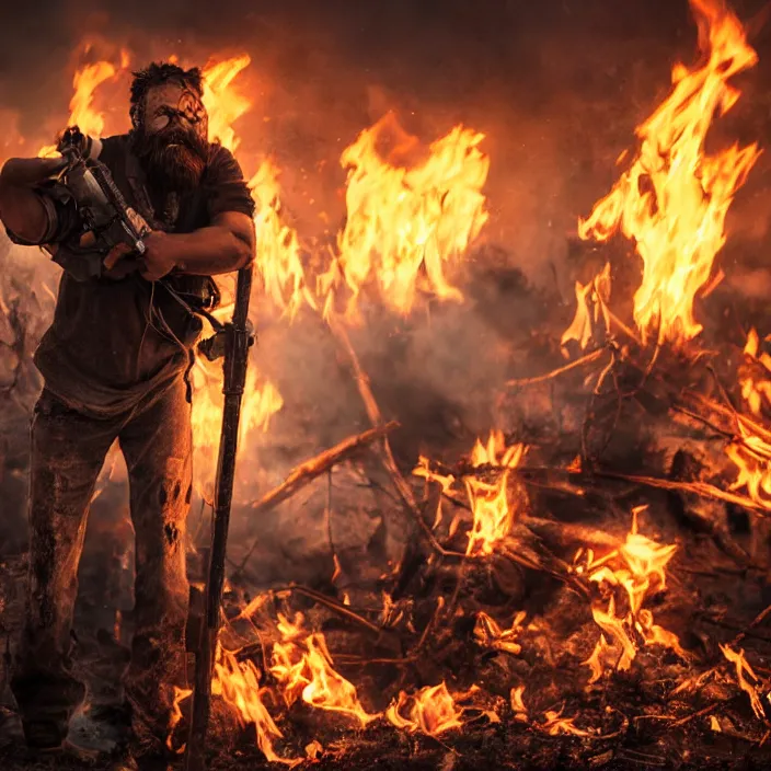 Prompt: gritty apocalyptic man smirking while dumping gas on a camp - fire, octane render, 4 k ultra hd, hyper - detailed, realistic, seedy lighting, sharp focus, fantasy dark art