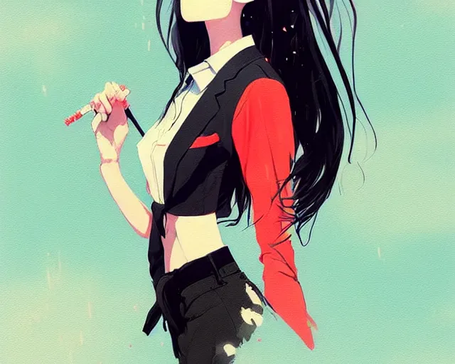 Image similar to a ultradetailed beautiful panting of a stylish woman wearing a shirt with a tie, she has black hair, by conrad roset, greg rutkowski and makoto shinkai, trending on artstation