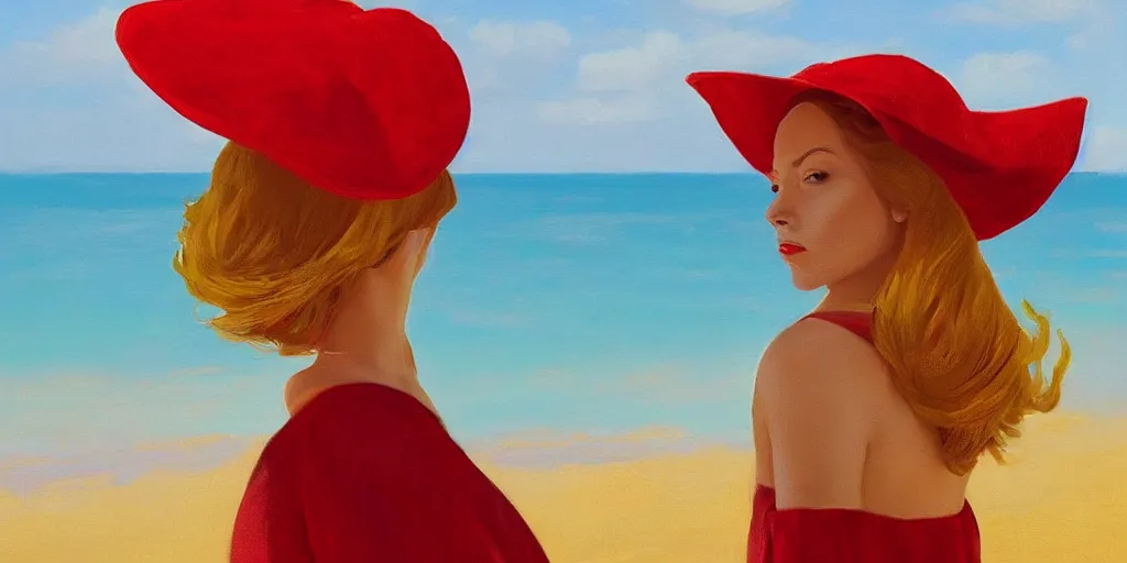 Image similar to beautiful oil matte portrait painting, young woman with red dress and mustard yellow summer hat at a beach on a sunny day, wonderful masterpiece highly detailed, beautiful cinematic light deep focus, elegant, digital painting, smooth, sharp focus, golden ratio, dramatic illumination, ultra realistic, 8 k, art by andy warhol