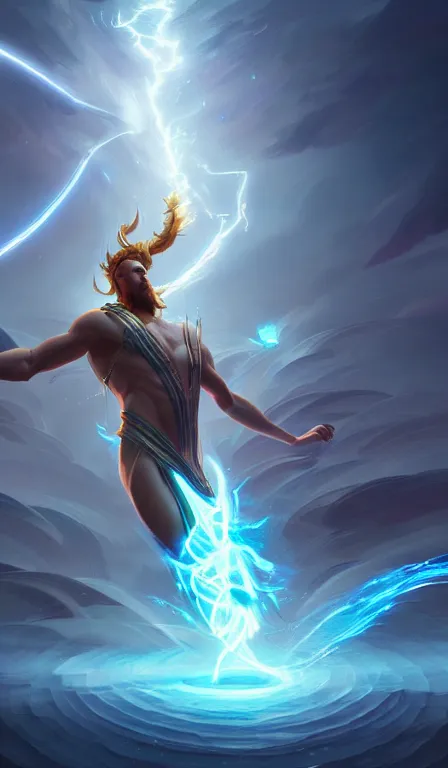 Image similar to the god zeus, lightning, action, epic, sharp focus, digital art, concept art, dynamic lighting, by anna dittman, jessica rossier and rossdraws