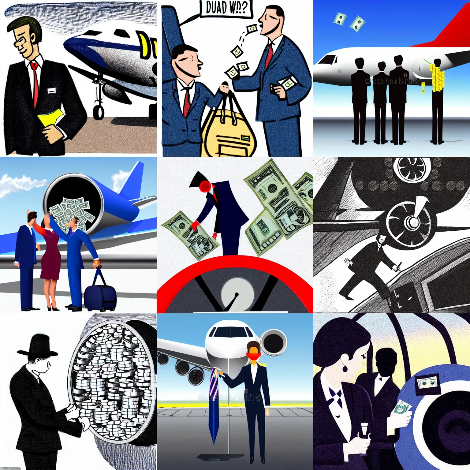 Prompt: well dressed refueling a plane with money, illustration