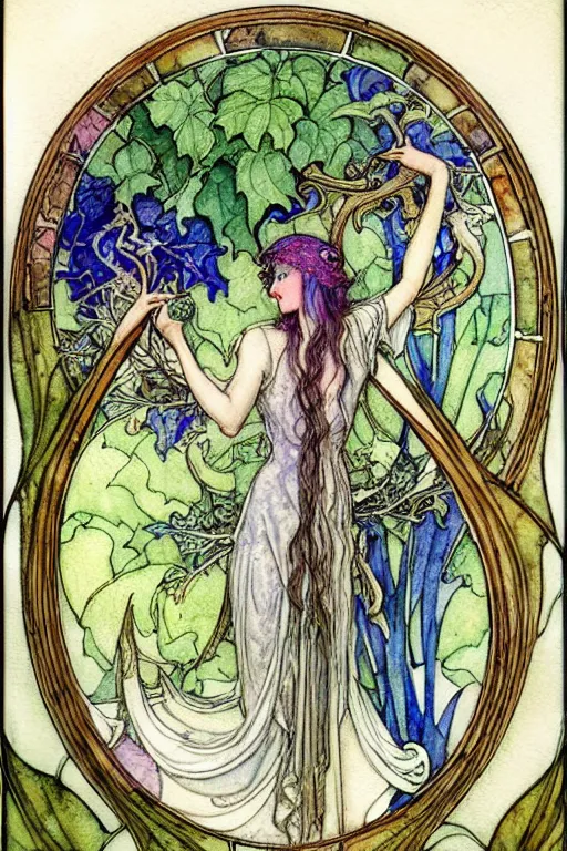 Prompt: elven art nouveau glass of wine watercolor painting in the center of a circular frame of leaves, art by walter crane and arthur rackham, illustration style, watercolor