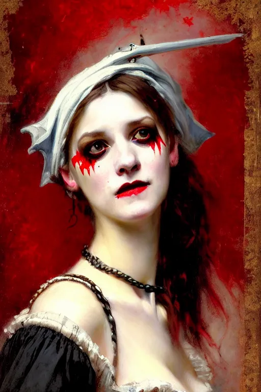 Prompt: solomon joseph solomon and richard schmid and jeremy lipking victorian genre painting portrait painting of a happy young beautiful woman punk rock goth girl german french actress model pirate wench in fantasy costume, red background