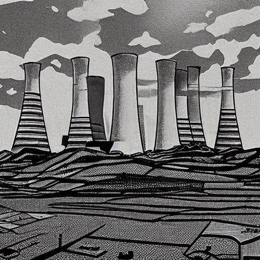 Prompt: A Masterpiece Landscape of a broken down nuclear power station, Nuclear blast imminent, nuclear reactor going critical, Graphic Novel, Pastel Art, Filmic, TriX 400 TX, Electron Microscope, 3D, Beyond Dimensiona, 4k HD, Geometric, Isohedral, Essence, Powerful, Phosphor Display, Multiscopy, DeNoise, insanely detailed and intricate, hypermaximalist, elegant, ornate, hyper realistic, super detailed. Depth Of Field, Steampunk color scheme. Artstation by Hayao Myazaki