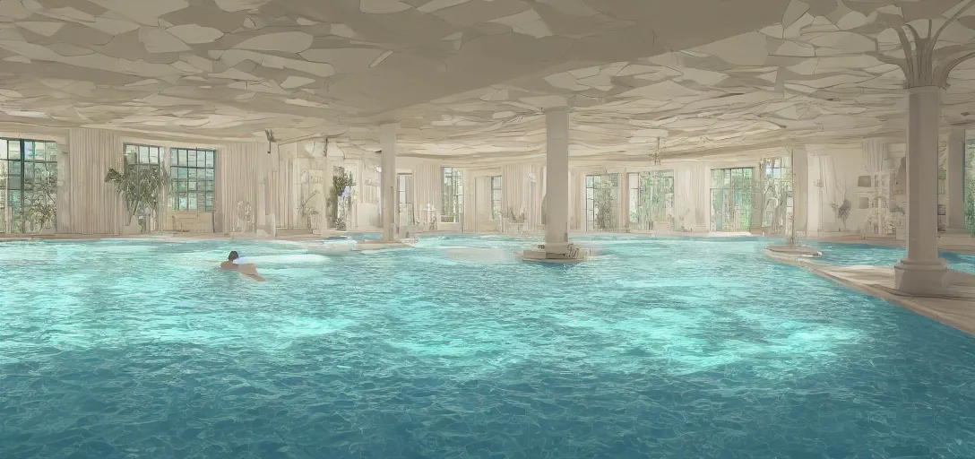 Prompt: photo of indoor infinite pool room, bright, 8 k photorealistic, hd, high details, trending on artstation