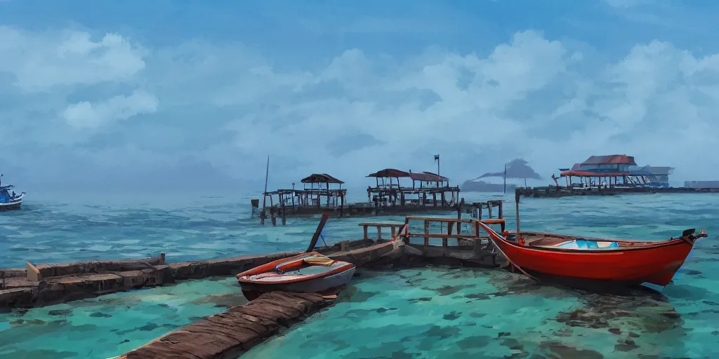 Image similar to pulau indah jetty, boat in foreground, near a fishing town, early morning, detailed matte painting, low angle view, telephoto lens, bokeh, studio ghibli, artstation