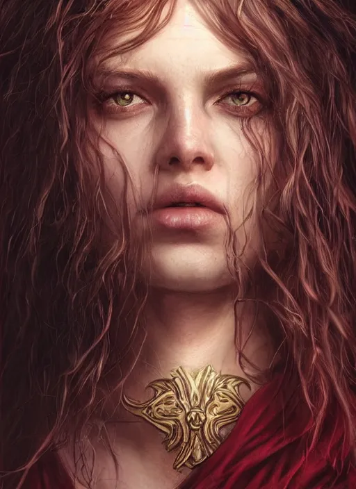 Image similar to vertical portrait of a ruggedly handsome female cleric, soft hair, close - up face, leather, witchy, d & d, fantasy, intricate, elegant, highly detailed, digital painting, artstation, concept art, smooth, sharp focus, illustration, art by artgerm and greg rutkowski and alphonse mucha, plain red background