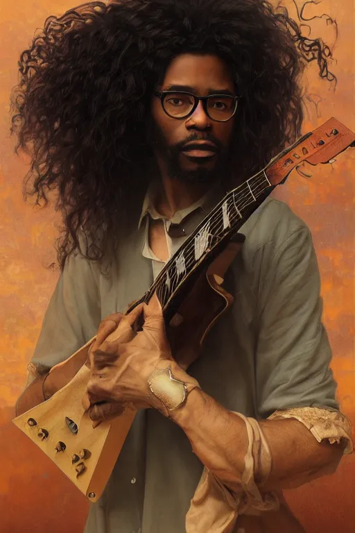 Prompt: A mystical mesmerizing 8k hyperrealistic Photo Portrait of a black man with long curly hair, wearing glasses, carrying a guitar, transforming into air, soft, sharp focus, detailed, art by Greg Rutkowski and artgerm and Alphonse Mucha