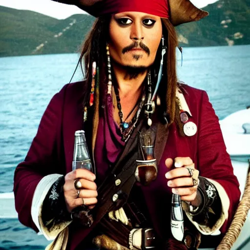 Prompt: johnny depp as a captain jack sparrow having a coca - cola