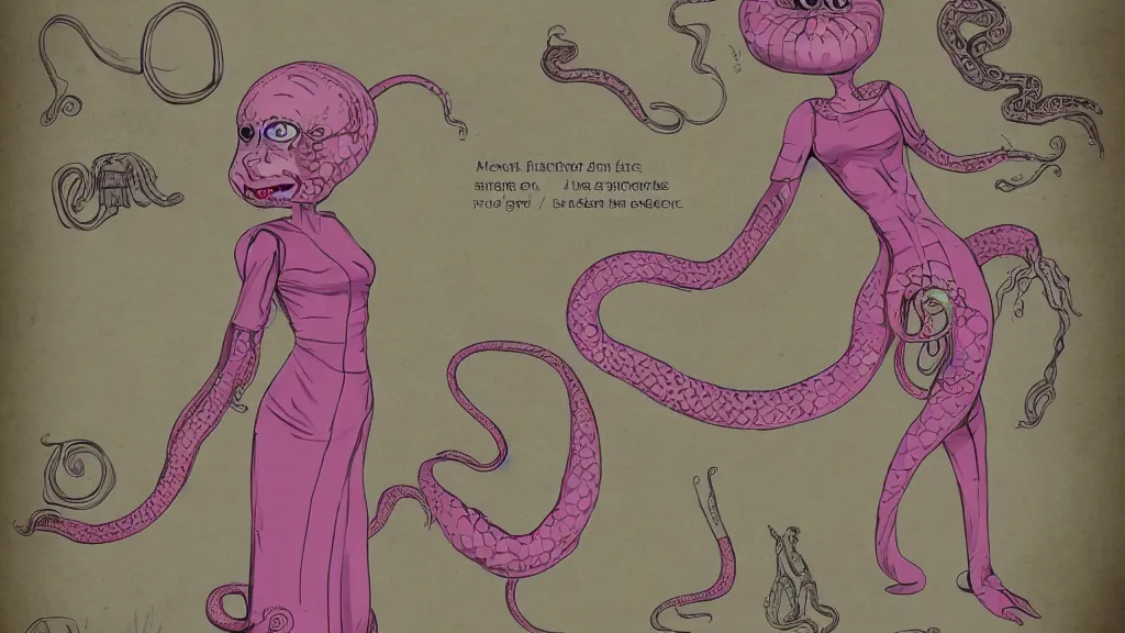 Image similar to aged paper, colorful character sheet for a stocky alien extraterrestrial female servant maid with thick snake - like tentacles instead of hair, long dress with apron, retrofuture, 7 0 s science fiction, coherent, illustration, digital art, trending on artstation, hd, 8 k, good lighting, beautiful, rough paper, masterpiece