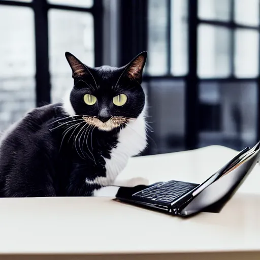 Prompt: a photo of a cat wearing a shirt and tie, sitting at a white desk with a book and a laptop on it