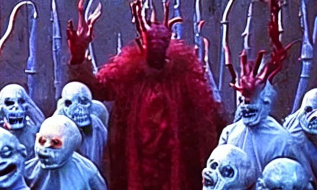 Image similar to full - color cinematic movie still from a 1 9 8 7 horror film by clive barker featuring cenobites welcoming people to the hellish underworld. creepy ; terrifying.