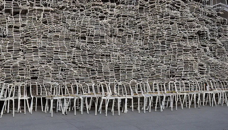 Prompt: chairs piled up ten meters high along the walls of the street, hyperrealistic shaded