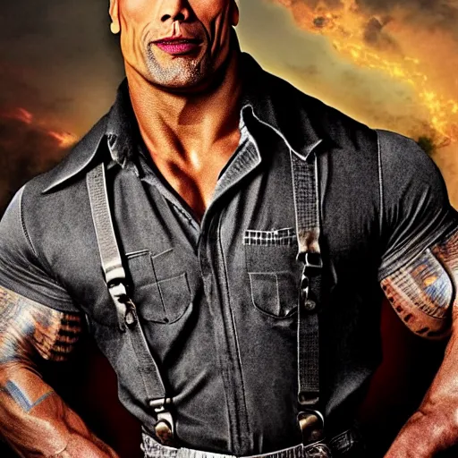 Prompt: dwayne the rock johnson, but he is a dungeons and dragons tiefling. he has overalls and grey skin.