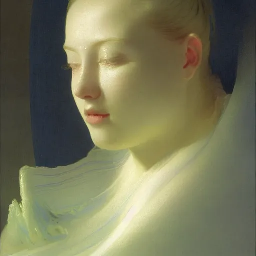 Prompt: a young woman's face in flowing sheets of cobalt blue gold silver satin, by ivan aivazovsky syd mead moebius roger dean donato giancola yoshitaka amano jan de heem pieter claesz paul delaroche alma tadema aelbert cuyp willem claesz isaac levitan, hyperrealistic, volumetric light, render