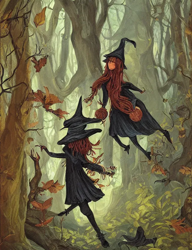 Image similar to witch of the lichen woods. this heavily stylized oil painting by the beloved children's book illustrator has an interesting color scheme, plenty of details and impeccable lighting.