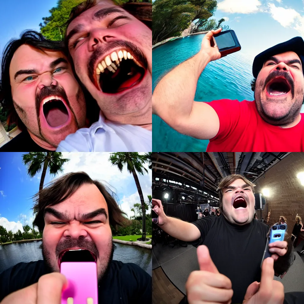 Prompt: Jack Black taking a selfie screaming at the camera with his mouth open wide, fisheye, photo