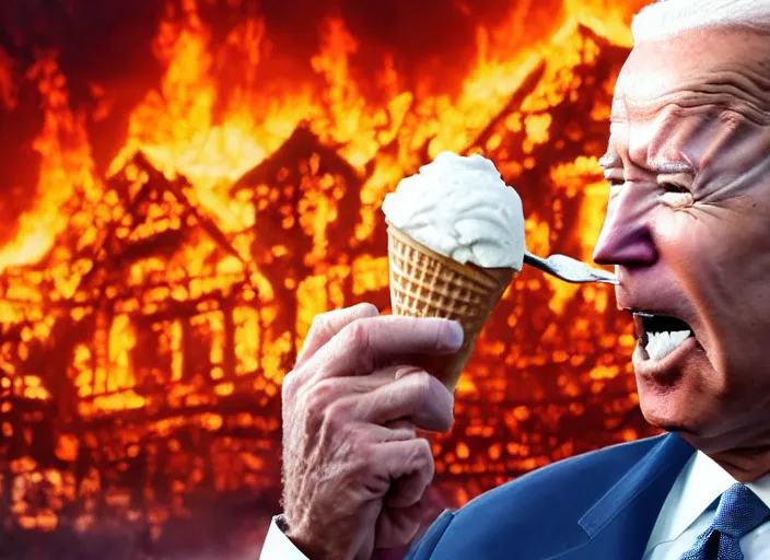 Image similar to cinematic artwork close up of joe biden eating an ice cream with the whitehouse on fire behind him beautiful artwork by rutowski, realistic, 4 k, masterpiece