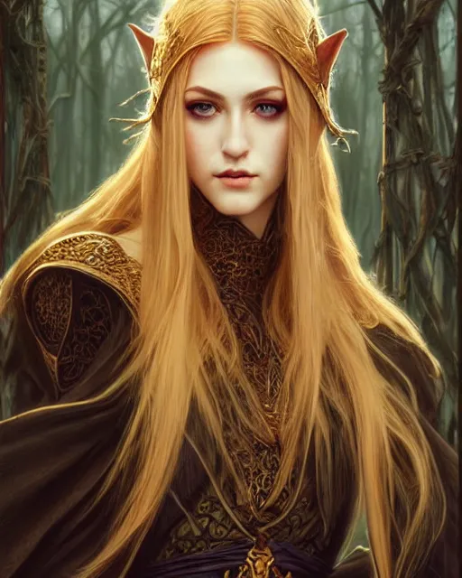 Image similar to portrait of katherine mcnamara elven mage, dark, piercing eyes, gentle expression, elegant clothing, photorealistic, highly detailed, artstation, smooth, sharp focus, art by michael whelan, artgerm, greg rutkowski and alphonse mucha