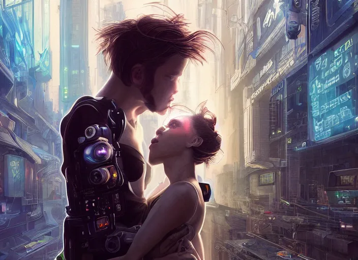 Prompt: ultra realistic medium shot of a couple of cyborgs kissing, lovers, cyberpunk, sci - fi, kodak, colour led, soft light, volumetric lighting, fog, rays, night, rain, metro station, intricate detailed, digital painting, concept art, smooth, sharp focus, illustration, art by artgerm and greg rutkowski and alphonse mucha