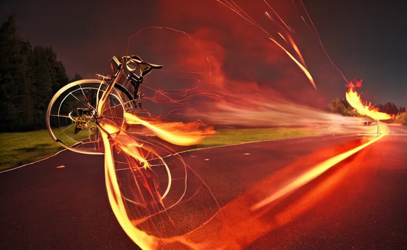 Prompt: a bicycle with a rocket engine attached to the back, flames and fire shooting out the back, light trails and motion blur, stylized photo