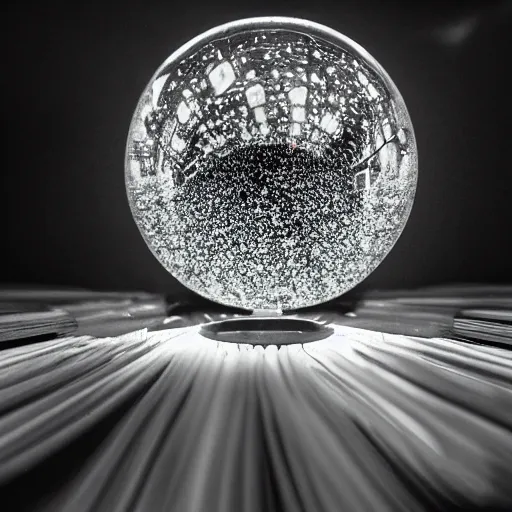Image similar to A reflective crystal ball sitting on a table, glowing background lights, moody, magic, by Michael Kincade