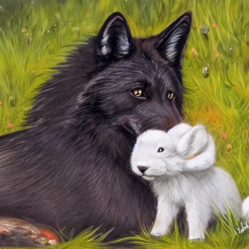 Image similar to a beautiful black wolf with red eyes curled around a small, fragile and cute white rabbit to protect it from the dangerous forest that is all around them, oil painting, award winning, 4k, high quality, high detail