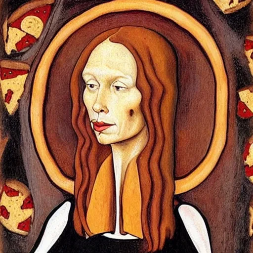 Prompt: skinny lady with red hair covered by pizzas in Hell, painted in style of Hans Memling