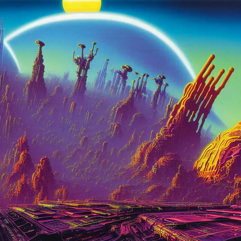 Prompt: giant menacing robot over mystical alien city, synthwave, fractal waves, bright neon colors, highly detailed, cinematic, tim white, roger dean, michael whelan, caza, bob eggleton, philippe druillet, vladimir kush, kubrick, alfred kelsner, vallejo