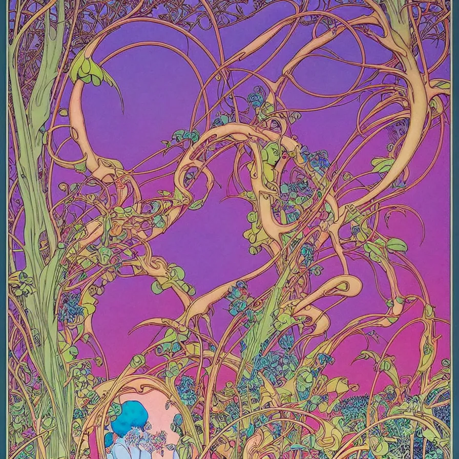 Prompt: ( ( ( ( beautiful strange forest and flowers surrounded by an art nouveau style decorative frame ) ) ) ) by mœbius!!!!!!!!!!!!!!!!!!!!!!!!!!!, overdetailed art, colorful, record jacket