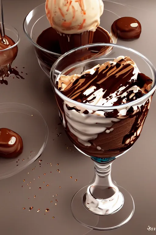 Prompt: digital realistic detailed art ice cream sundae with fudge dripping onto glass table in a parfait glass