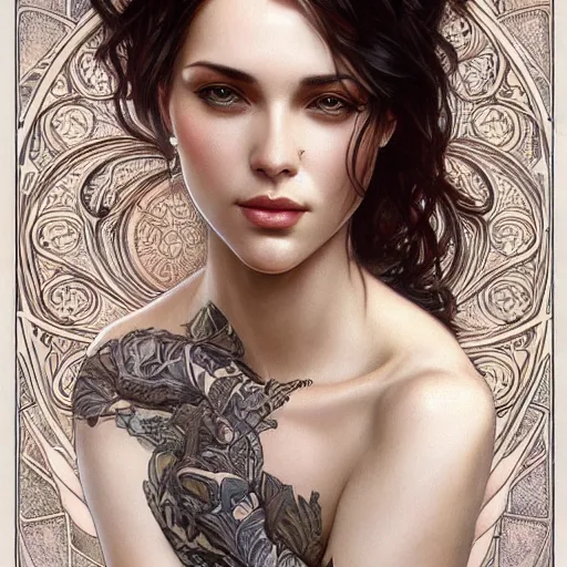 Image similar to ultra realistic illustration, a hot brunette tattooed slavic woman in her late 2 0's, intricate, elegant, highly detailed, digital painting, artstation, concept art, smooth, sharp focus, illustration, art by artgerm and greg rutkowski and alphonse mucha